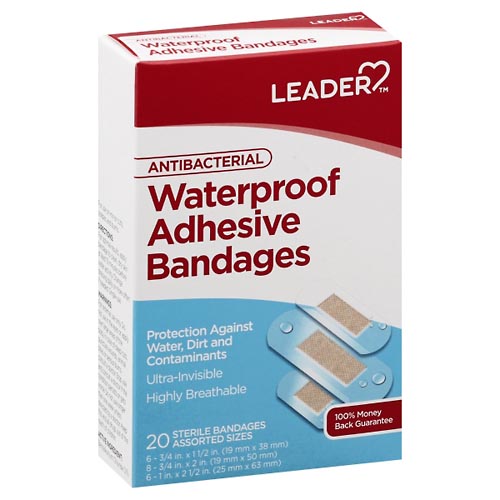 Image for Leader Adhesive Bandages, Antibacterial, Waterproof, Assorted Sizes,20ea from Medicap Pharmacy Toledo